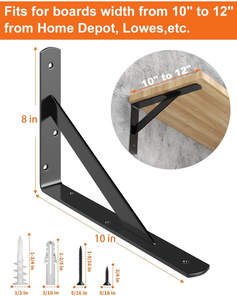LuckIn 12-Pack Heavy Duty Shelf Bracket, 10 Inch Wall Shelf Brackets Fit for 10 12 Inch Floating Shelves, 90 Degree Triangle, 250 LBS Max Load, Mounting Hardware Included, Black - Image 2